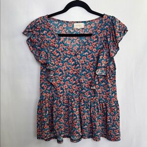 MELLODAY Blue and Pink Flutter Sleeve Peplum Blouse women’s medium